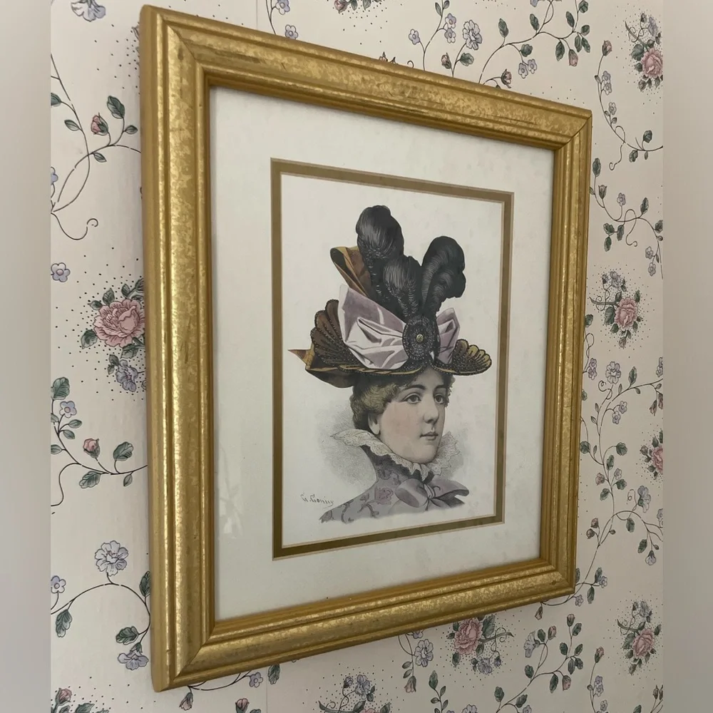 G Gonik 12x14 Victorian Lady Portrait in Gold Frame - Purple Hat Accent